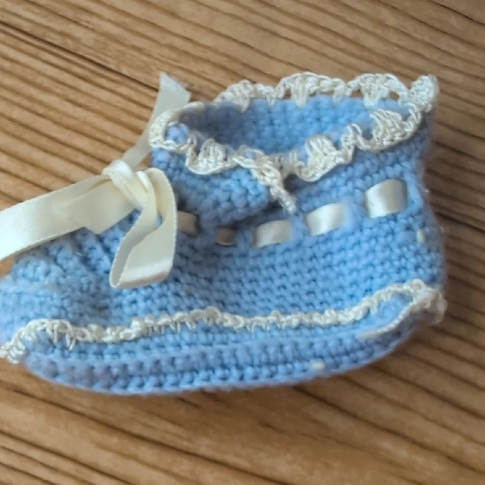 Vintage Crochet Handmade Blue Baby Booties with Ribbon